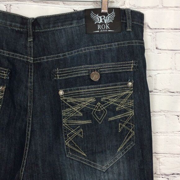 ROK Men’s Sz 44x34 Blue Jeans Denim Straight Leg Embroidered Pockets Whiskering - Picture 9 of 11